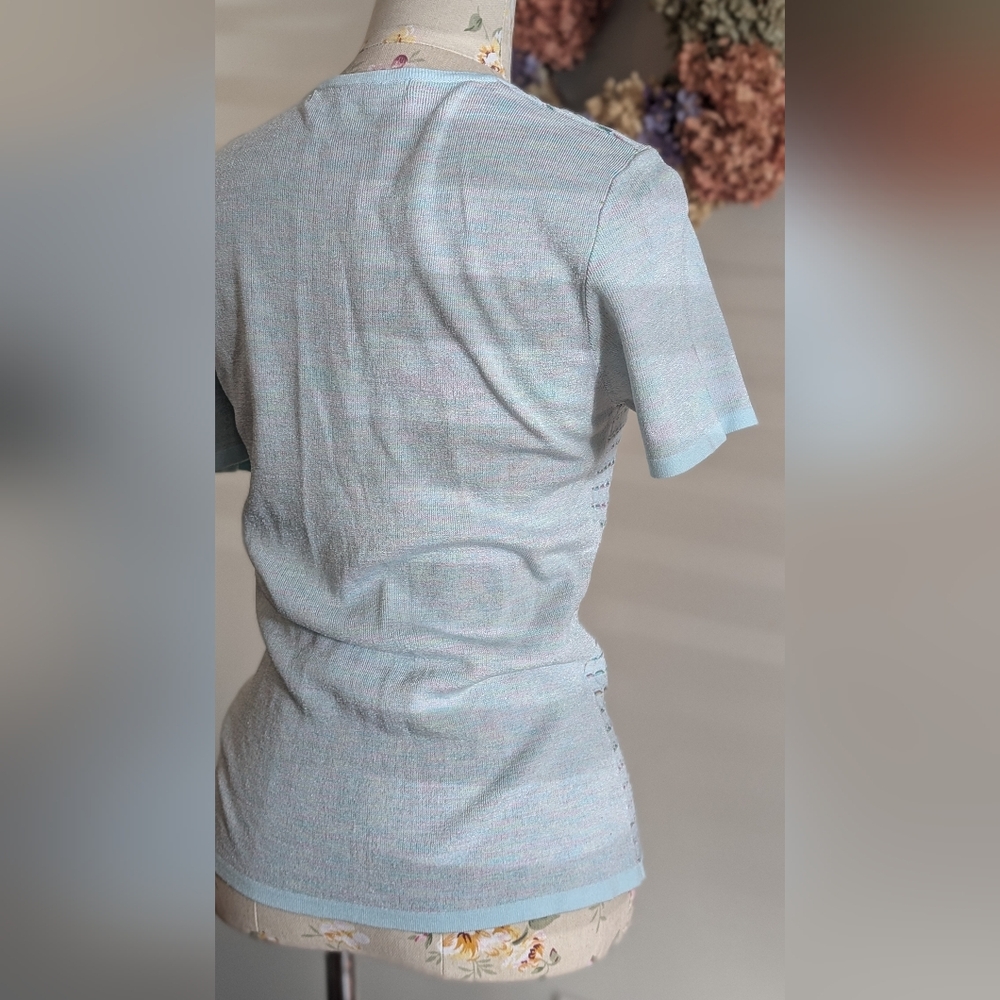 Camela elegant Pastel Blue V-Neck Short Sleeve Top - Picture 4 of 7